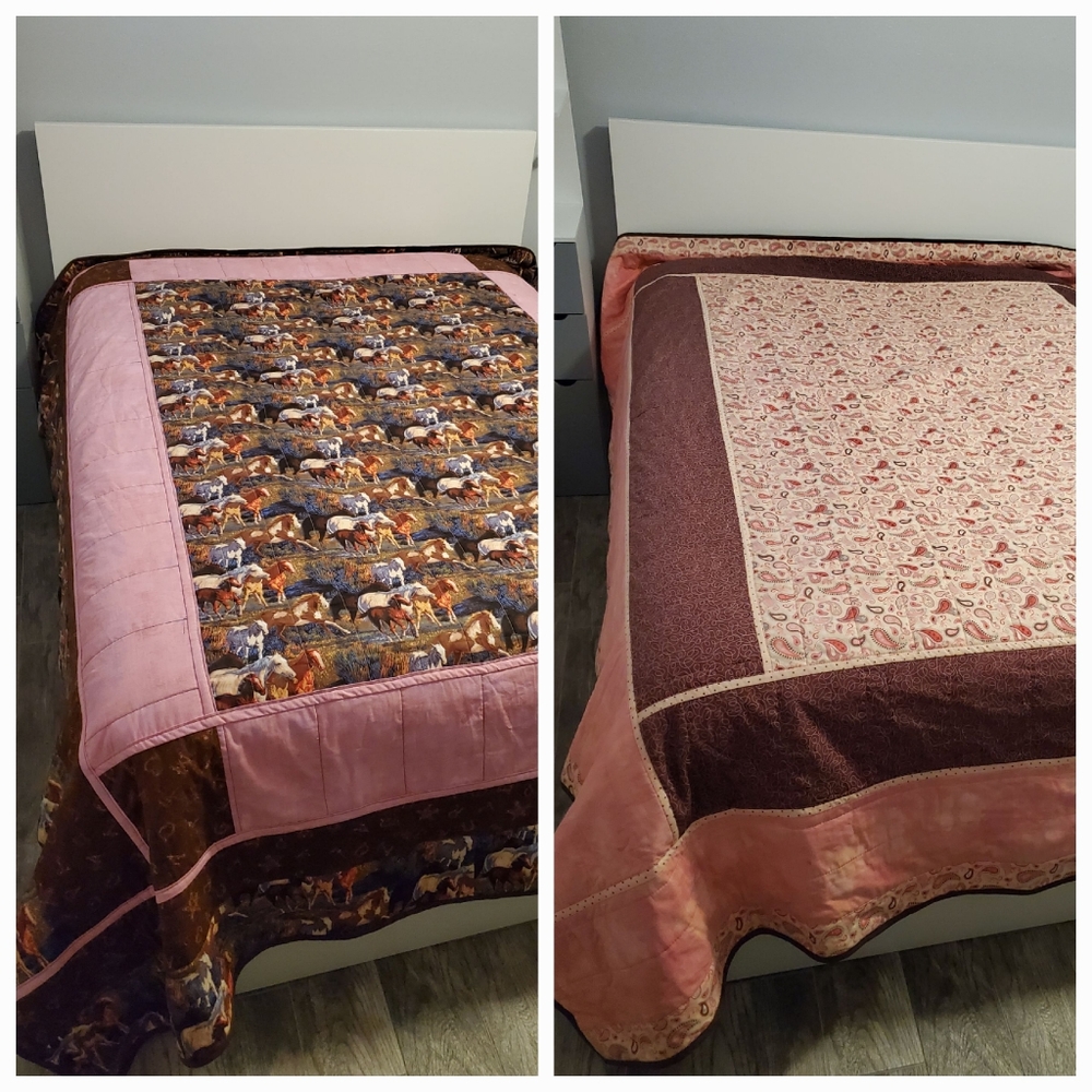 Reversible Quilt Spread Western Horses and Paisley - Queen
